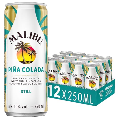 Malibu Piña Colada, fruchtig-frischer Mix aus weißem Rum, Ananas-Geschmack und Kokos-Likör, vorgemischter Cocktail, 12 Dosen à 250 ml, 10 Vol.-% von Malibu