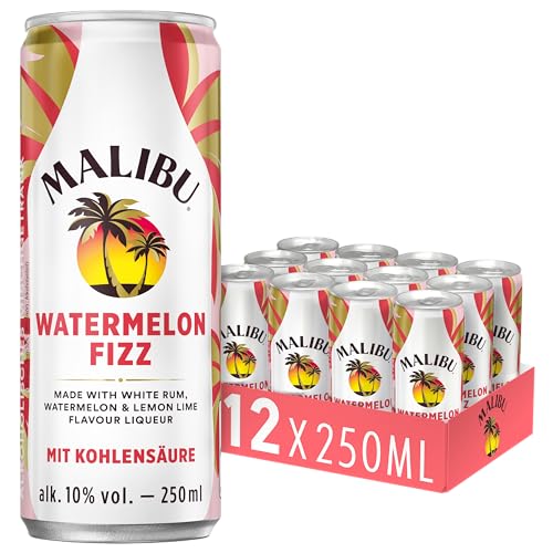 Malibu Watermelon Fizz – Erfrischend prickelndes Mixgetränk mit Wassermelonen- und Zitronen-Limetten-Aromen auf Basis karibischen Rums – 12 Dosen à 250 ml (10 Vol.-Prozent) von Malibu