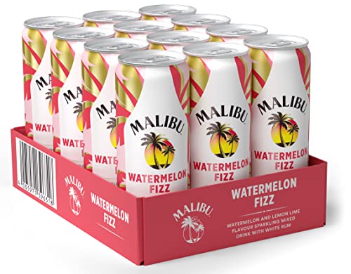 Malibu Watermelon Fizz – Erfrischend prickelndes Mixgetränk mit Wassermelonen- und Zitronen-Limetten-Aromen auf Basis karibischen Rums – 12 Dosen à 250 ml (10 Vol.-Prozent) von Malibu