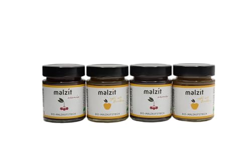 malzit Brotaufstrich im Glas, Frucht-Box 4 x 150 g, Apfel & Aronia, Bio & Vegan, Wenig Zucker, Brot-Aufstrich aus Gerstenmalz, Aufstrich für Brot, Brötchen & Croissants von malzit