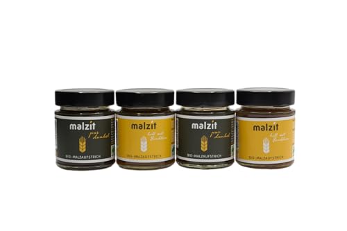 malzit Brotaufstrich im Glas, Pur-Box 4 x 150 g, Hell & Dunkel, Bio & Vegan, Wenig Zucker, Brot-Aufstrich aus Gerstenmalz, Aufstrich für Brot, Brötchen & Croissants von malzit