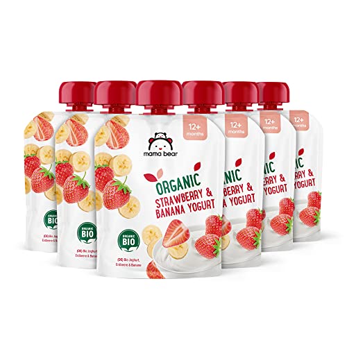 Amazon-Marke: Mama Bear Bio Zubereitung aus Joghurterzeugnis, Erdbeere, Banane und Joghurt, vegan, 90g (6er-Pack) von Mama Bear