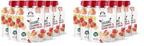 Amazon-Marke: Mama Bear Bio Zubereitung aus Joghurterzeugnis, Erdbeere, Banane und Joghurt, Vegetarian, 90g (6er-Pack) (Packung mit 2) von Mama Bear