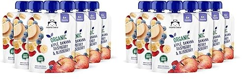 Amazon-Marke: Mama Bear Quetschie Bio Apfel, Banane, Heidelbeere und Himbeere, vegetarisch, 90g (6er-Pack) (Packung mit 2) von Mama Bear