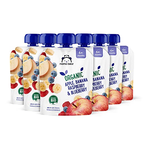 Amazon-Marke: Mama Bear Quetschie Bio Apfel, Banane, Heidelbeere und Himbeere, vegetarisch, 90g (6er-Pack) von Mama Bear