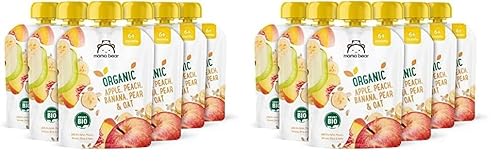 Amazon-Marke: Mama Bear Quetschie Bio Apfel, Pfirsich, Banane, Birne und Haferflockenl, Vegetarisch, 90g (6er-Pack) (Packung mit 2) von Mama Bear