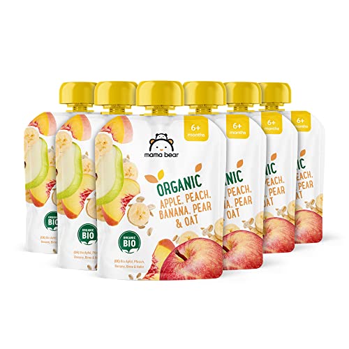 Amazon-Marke: Mama Bear Quetschie Bio Apfel, Pfirsich, Banane, Birne und Haferflockenl, Vegetarisch, 90g (6er-Pack) von Mama Bear