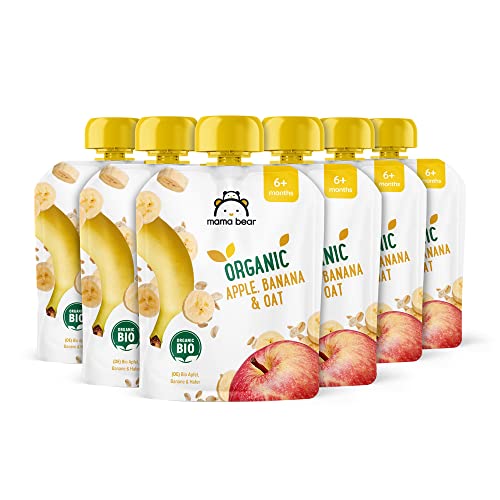 Amazon-Marke: Mama Bear vegetarisch Quetschie Bio Apfel, Banane und Haferflocken, 90g (6er-Pack) von Mama Bear