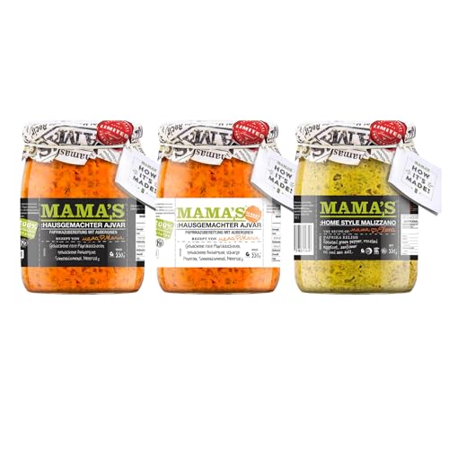 3pack Variation - 1x Ajvar mild 550g, 1x Ajvar scharf 550g und 1x grüner Ajvar mild 550g 3pack Variation - 1x Ajvar mild 550g, 1x Ajvar scharf 550g und 1x grüner Ajvar mild 550g von Mama's Food