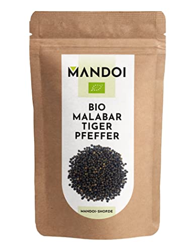 Mandoi Bio Tiger Malabar Pfeffer, 200g schwarze Pfefferkörner ganz, Tigerpfeffer aus biologischem Anbau. Für die Pfeffermühle geeignet von Mandoi