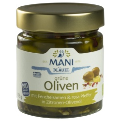 Grüne Oliven mit Fenchelsamen & rosa Pfeffer in Zitronen-Olivenöl von Mani Bläuel