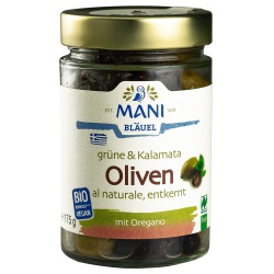 Grüne & Kalamata-Oliven al naturale ohne Stein, geölt von Mani Bläuel