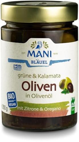 MANI Grüne & Kalamata Oliven in Olivenöl, bio, NL 18 x 280 gr von Mani Bläuel