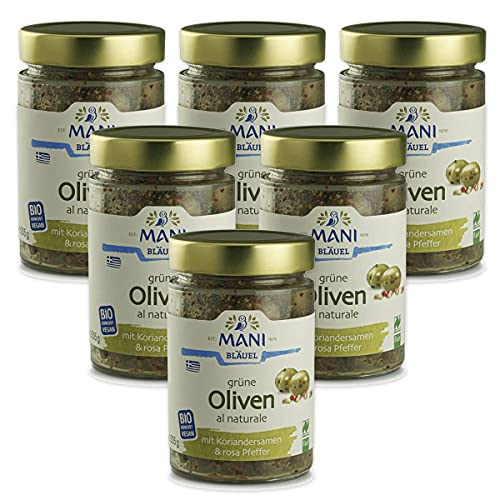 Mani Bläuel Bio Grüne Oliven al naturale, Koriandersam&ros.Pfeffer (6 x 205 gr) von Mani Bläuel