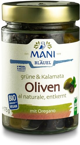 Mani Bläuel Bio MANI Grüne & Kalamata Oliven al naturale, entkernt (2 x 175 gr) von Mani Bläuel