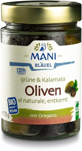 Mani Bläuel Bio MANI Grüne & Kalamata Oliven al naturale, entkernt (6 x 175 gr) von Mani Bläuel