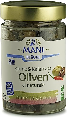 Mani Bläuel Bio Grüne&Kalamata Oliven al naturale, Chili&Kräuter (2 x 205 gr) von Mani Bläuel