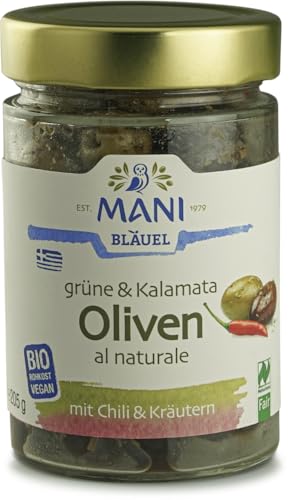 Mani Bläuel Bio Grüne&Kalamata Oliven al naturale, Chili&Kräuter (2 x 205 gr) von Mani Bläuel