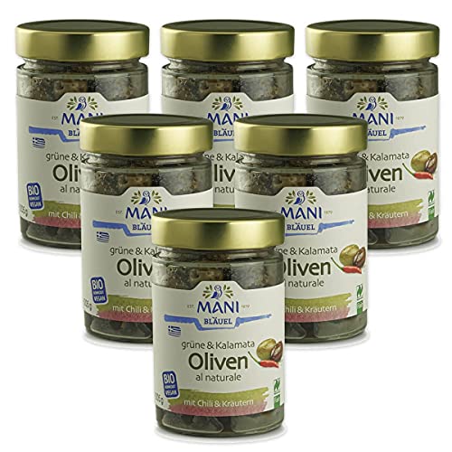 Mani Bläuel Bio Grüne&Kalamata Oliven al naturale, Chili&Kräuter (6 x 205 gr) von Mani Bläuel