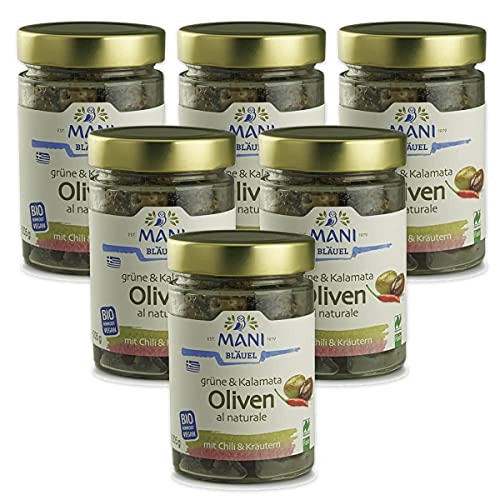 Grüne&Kalamata Oliven al naturale, Chili&Kräuter 6 x 205 gr von Mani Bläuel