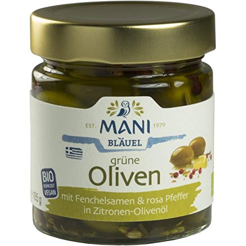 Mani Bläuel Grüne Oliven mit Fenchelsamen & rosa Pfeffer in Zitronen-Olivenöl (185 g) - Bio von Mani Bläuel