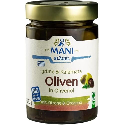 Mani Bläuel Grüne & Kalamata-Oliven mit Stein in Olivenöl (280 g) - Bio von Mani Bläuel