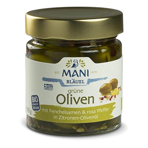 Mani Bläuel - MANI Grüne Oliven mit Fenchelsamen und rosa Pfeffer in Zitronen-Olivenöl bio - 185 g - 6er Pack von Mani Bläuel