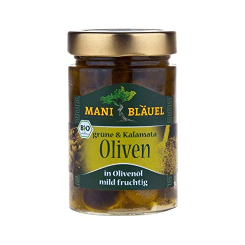 MANI Bio Grüne & Kalamata Oliven, in Olivenöl mit Kräutern 1 Glas mit 280g