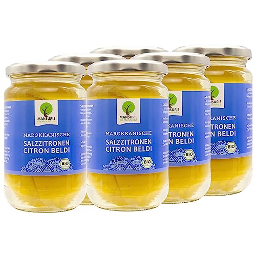 Mansuris - eingelegte Bio Zitronen in Meersalz - Citron Beldi -BIO Salzzitronen, In Salzlake eingelegte marokkanische Zitronen für Tajine Couscous, vegan, glutenfrei im 6er Set á 350 g Glas von Mansuris