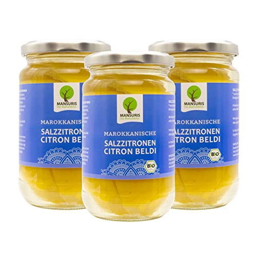 Mansuris - eingelegte Bio Zitronen in Meersalz - Citron Beldi -BIO Salzzitronen, In Salzlake eingelegte marokkanische Zitronen für Tajine Couscous, vegan, glutenfrei in (3 x 350 g) Glas von Mansuris
