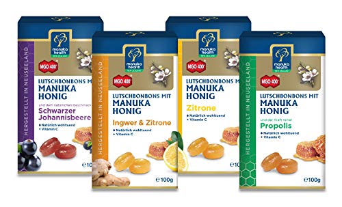 Manuka Health Honig Lutschbonbons, Mischkarton mit 4 Sorten, Schwarze Johannisbeere, Propolis, Zitrone, Ingwer & Zitrone (4 x 100 g) von Manuka Health