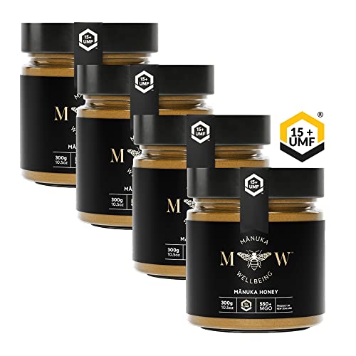 Wellbeing UMF-Manuka Honig MGO 550+ (UMF 15+)|1200g = (4 x 300g)|MGO & UMF-zertifiziert | Hochqualitativ und Monofloral | Hergestellt, Zertifiziert und Verpackt in Neuseeland | Im Glas | Von NZfyMe von Manuka Wellbeing