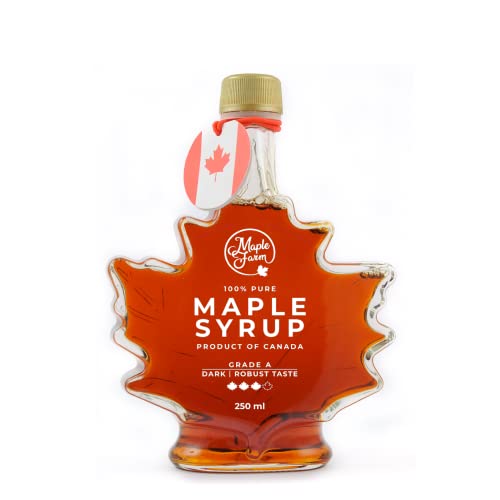 MapleFarm - Reiner kanadischer Ahornsirup der Güteklasse A, mit kräftigem Geschmack - Flasche im Blatt-Design 250 ml - Maple syrup - Ahornsaft von MapleFarm