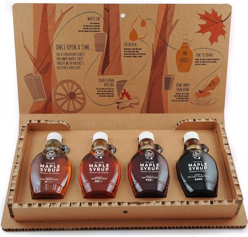 MapleFarm - Reiner Ahornsirup in einer Geschenkbox. Probierpaket 4 Varianten: GOLD - AMBER - DARK - VERY DARK. Illustrierte Geschenkbox. von MapleFarm