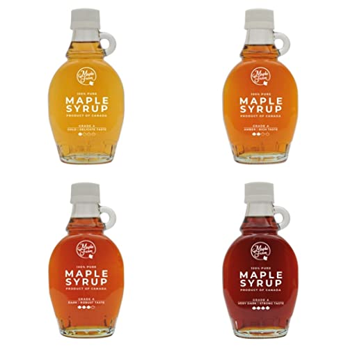 MapleFarm - Reiner Ahornsirup. Verkostungspaket mit 4 Flaschen zu je 189 ml (250 g) in den Varianten: GOLD, AMBER, DARK, VERY DARK von MapleFarm