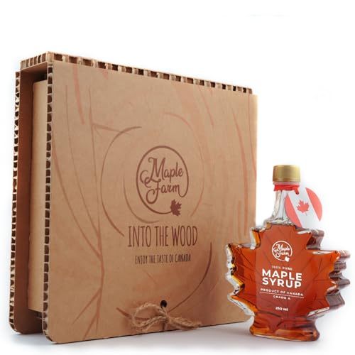 MapleFarm - Reiner kanadischer Ahornsirup der Güteklasse A, mit kräftigem Geschmack - Blattflasche 250 ml - Geschenkbox - Pure maple syrup - Ahornsaft von MapleFarm