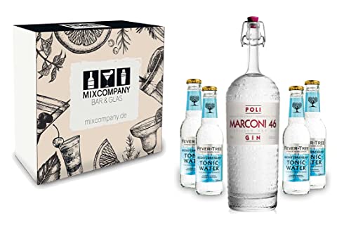 Gin Tonic Giftbox Geschenkset - Marconi 46 Gin 0,7l 700ml (46% Vol) + 4x Fever Tree Mediterranean Tonic Water 200ml inkl. Pfand MEHRWEG + Geschenkverpackung von Marconi-Marconi