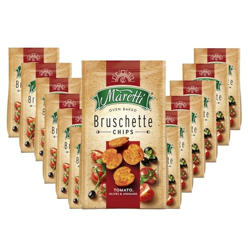 Maretti Bruschette Tomate, Oliven & Oregano Cracker (14x150g), Brotchips mit Tomate, Oliven & Oregano Geschmack, köstliche Bruschette Chips im Ofen gebacken von Maretti