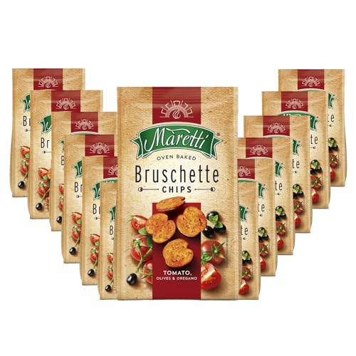 Maretti Bruschette Tomate, Oliven & Oregano Cracker (14x150g), Brotchips mit Tomate, Oliven & Oregano Geschmack, köstliche Bruschette Chips im Ofen gebacken von Maretti