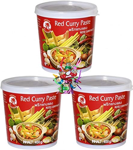 yoaxia ® 3er Pack - [ 3x 400g ] Rote Currypaste / Red Curry Paste + ein kleines Glückspüppchen - Holzpüppchen von Yoaxia