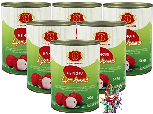 [ 6x 567g / 230g ATG ] HSINGFU Litschi leicht gezuckert/Lychees in Light Syrup + ein kleines Glückspüppchen - Holzpüppchen von Yoaxia