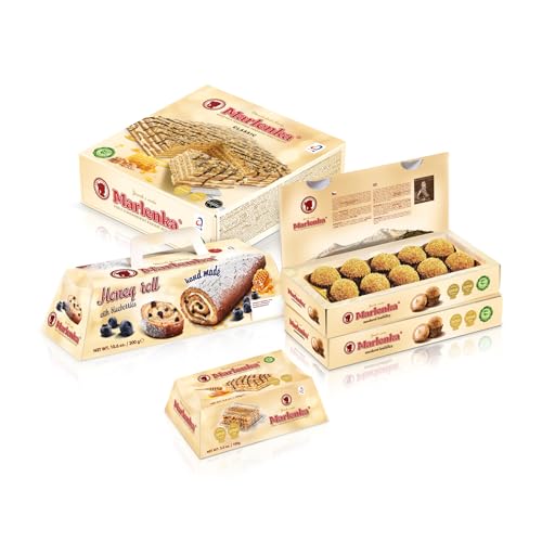 MARLENKA® Großer Honig-Mix-Produkt | Honigkuchen mit Walnüssen (800 g), 2 x Honigkugeln (2x 235 g), Honig-Tortenrolle mit Heidelbeeren (300 g) und Honigtörtchen mit Walnüssen (100 g) von Marlenka