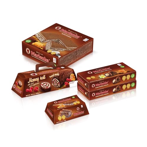 MARLENKA® Großer Kakao-Mix-Produkt | Honigkuchen mit Kakao (800 g), 2 x Kakao-Honigkugeln (2x 235 g), Honig-Tortenrolle mit Kakao und Himbeeren (300 g) und Kakao-Honigtörtchen (100 g) von Marlenka