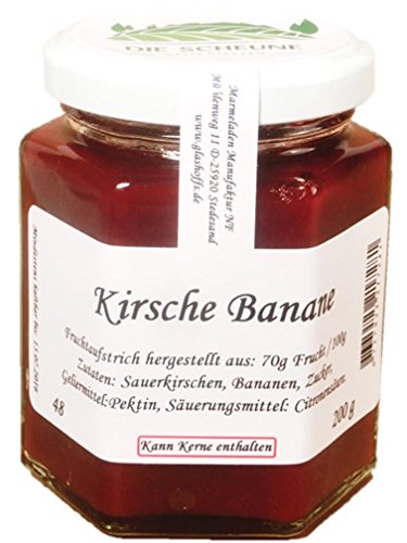 Kirsche Banane Fruchtaufstrich, 70% Fruchtanteil, 200g Gourmet Fruchtaufstrich, Kirsche, Sauerkirsche, Kirsche Banane Fruchtaufstrich, 70% Fruchtanteil, 200g Gourmet Fruchtaufstrich, Kirsche, Sauerkirsche, von Marmeladen Manufaktur NF