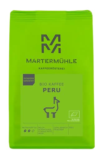 Martermühle Peru Bio Kaffeebohnen 1kg mittelkräftig I Arabica I Aromen: Milchschokolade, Florale Note, Nuss I Ganze Bio Kaffee-Bohnen schonend geröstet, säurearm von Martermühle