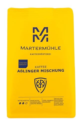 Martermühle Aßlinger Mischung Kaffeebohnen 1kg I Arabica I Aromen: Haselnuss, Leichte Würze, Schokolade I Ganze Kaffee-Bohnen schonend geröstet, säurearm von Martermühle