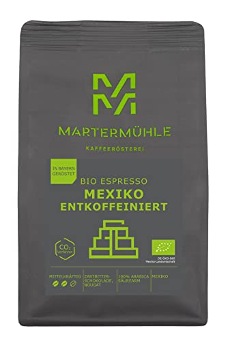 Martermühle Mexiko Bio Espressobohnen entkoffeiniert 250g mittelkräftig I Arabica I Aromen: Nougat, Zartbitterschokolade I Ganze Bio Espresso-Bohnen schonend geröstet, säurearm von Martermühle