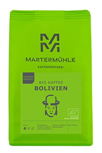 Martermühle Bolivien Bio Kaffeebohnen 1kg mild I Arabica I Aromen: Feine Würze, Karamell, Rote Beeren I Ganze Bio Kaffee-Bohnen schonend geröstet, säurearm von Martermühle
