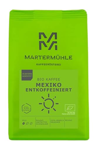 Martermühle Mexiko Bio Kaffeebohnen entkoffeiniert 250g mild I Arabica I Aromen: Nougat, Zartbitterschokolade I Ganze Bio Kaffee-Bohnen schonend geröstet, säurearm von Martermühle