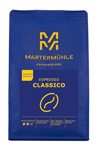 Martermühle Classico Espressobohnen 1kg I Arabica/Robusta I Aromen: Haselnuss, Kakaonoten I Ganze Espresso-Bohnen schonend geröstet, säurearm von Martermühle